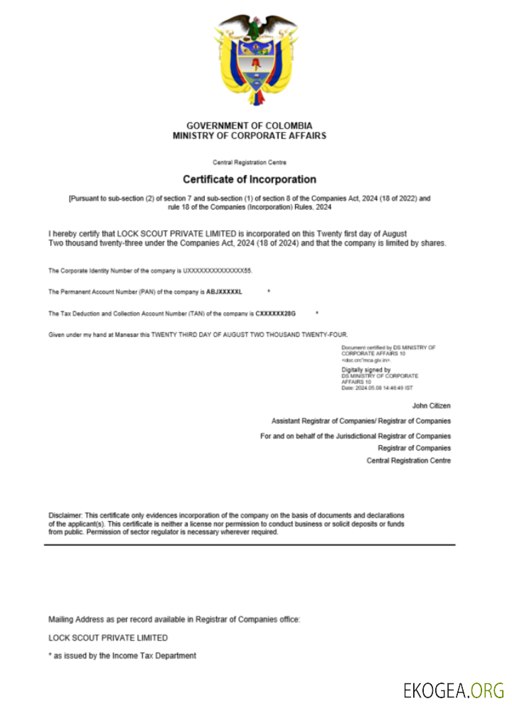 Modèle Word et PDF de certificat d'enregistrement de Colombie
